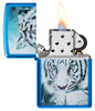 Zippo Carol Cavalaris High Polish Blue Windproof Lighter with its lid open and lit.
