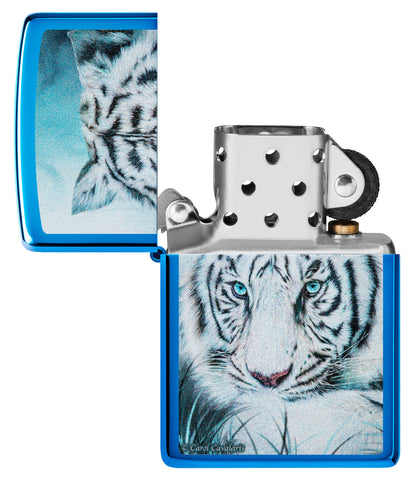 Zippo Carol Cavalaris High Polish Blue Windproof Lighter with its lid open and unlit.