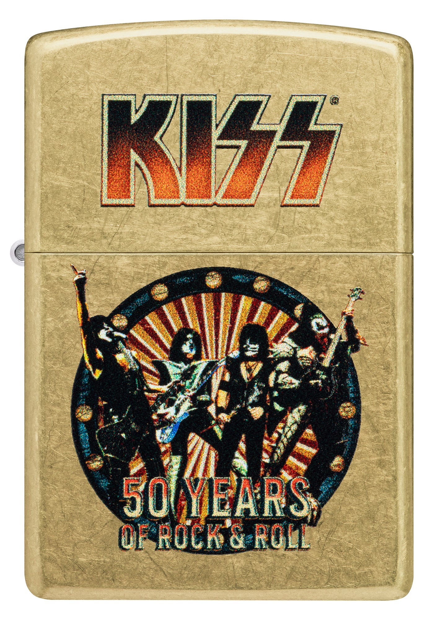 Front view of Zippo KISS® 50 Years Design Street Brass Windproof Lighter.