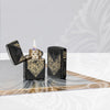 Lifestyle image of two Zippo 2024 Collectible of the Year Windproof Lighters on a reflective background.
