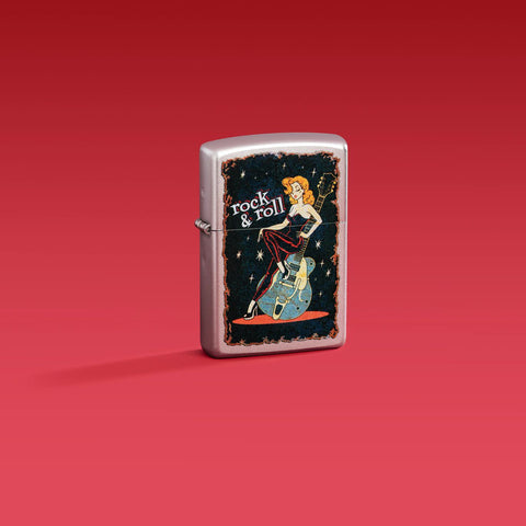 Lifestyle image of Zippo Cool Chick Design Satin Chrome Windproof Lighter on a red background.