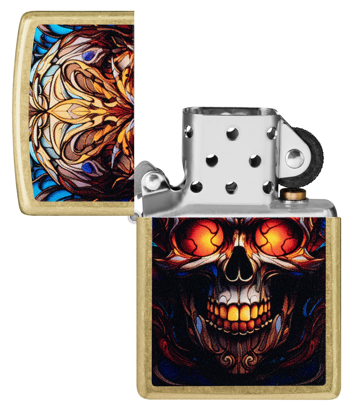 Zippo Stained Glass Skull Design Street Brass Windproof Lighter with itst lid open and unlit.