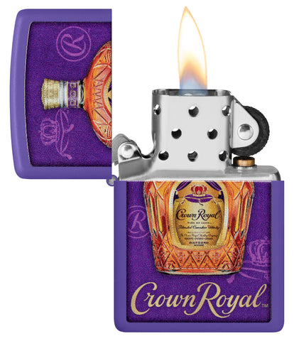 Zippo Crown Royal Design Purple Matte Windproof Lighter with its lid open and lit.