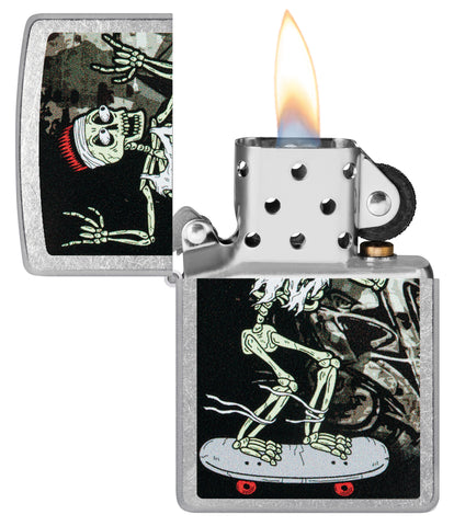 Zippo Skateboard Street Chrome Windproof Lighter with its lid open and lit.