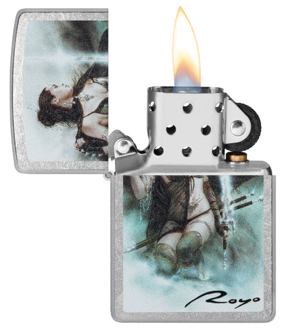 Zippo Luis Royo Street Chrome Windproof Lighter with its lid open and lit.