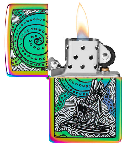 Zippo John Smith Gumbula Multi-Color Windproof Lighter with its lid open and lit.