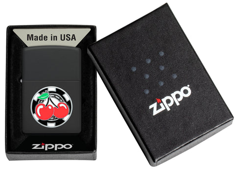 Zippo Poker Chip with Cherries Emblem Black Matte Windproof Lighter in its packaging.