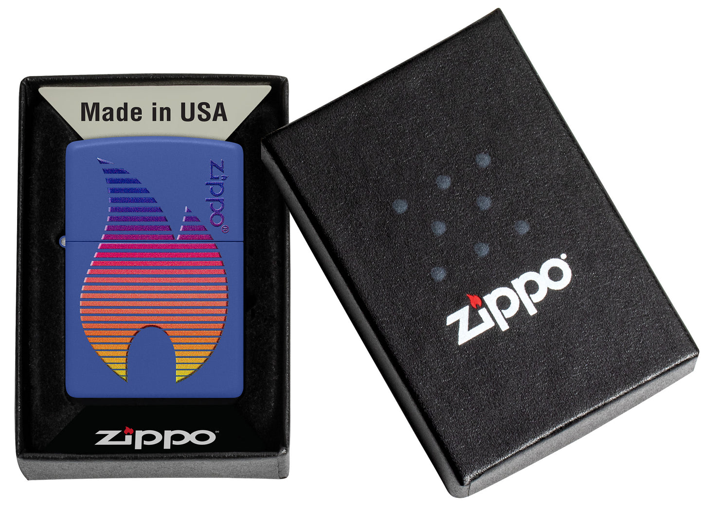 Zippo Design Royal Blue Matte Windproof Lighter in its packaging.