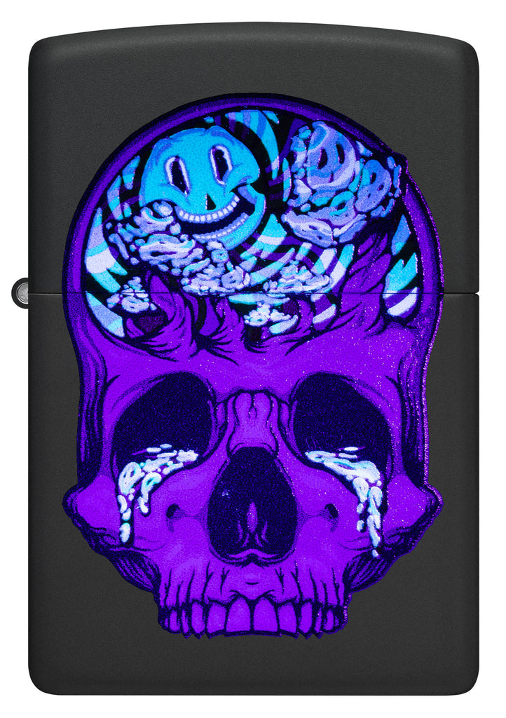 Front shot of Zippo Skull Moon Design Black Matte Windproof Lighter glowing in the dark.