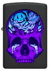 Front shot of Zippo Skull Moon Design Black Matte Windproof Lighter glowing in the dark.