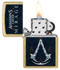 Zippo Assassins Creed® Mirage Reg Street Brass Windproof Lighter with its lid open and lit.