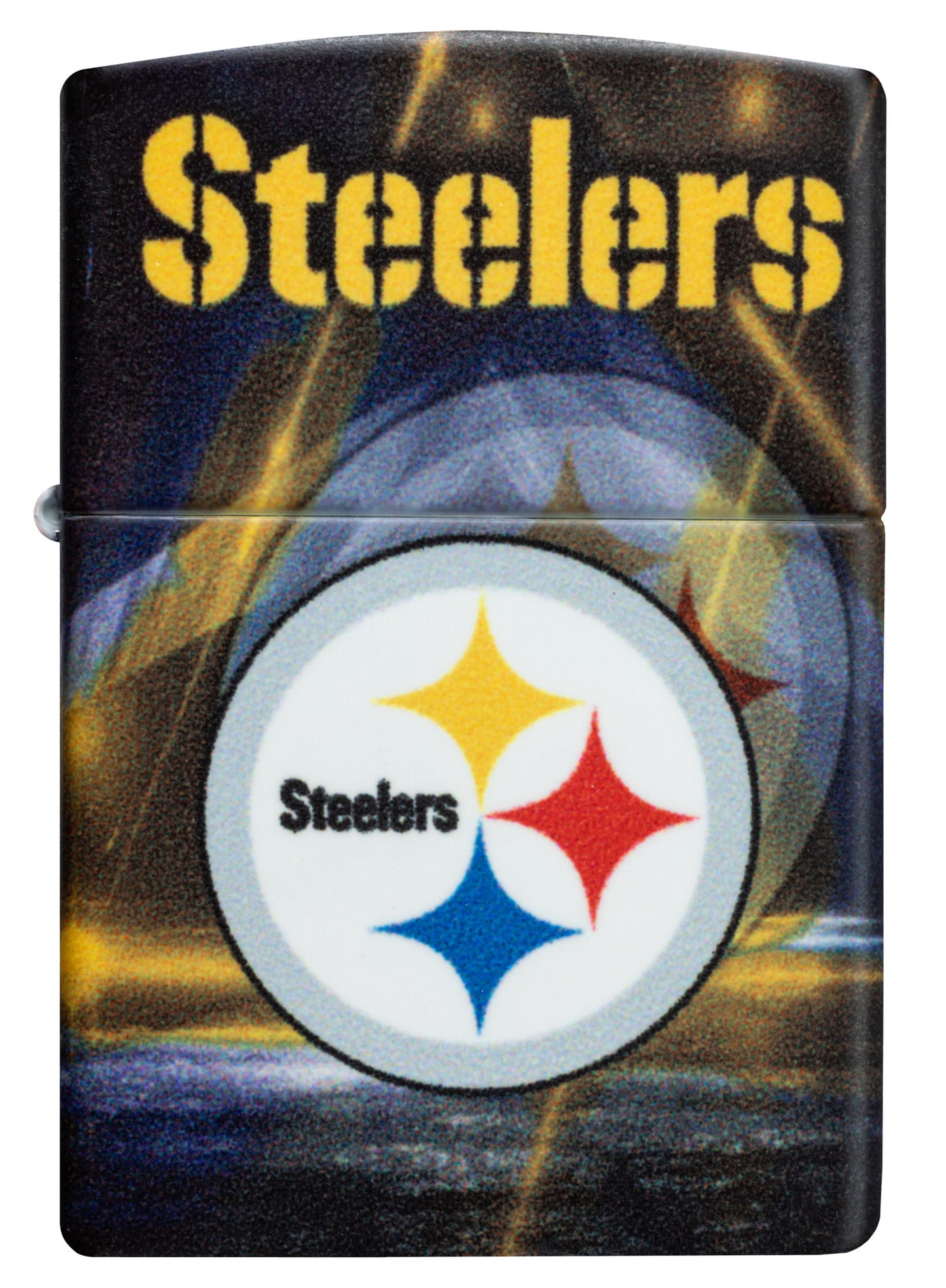 Front view of Zippo NFL Pittsburgh Steelers 540 Matte Windproof Lighter.