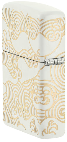 Angled shot of Zippo Waves Design White Matte Pocket Lighter showing the back and hinge side of the lighter.