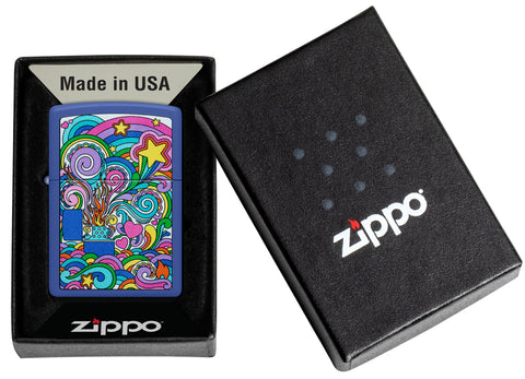 Zippo Abstract Design Royal Blue Matte Windproof Lighter in its packaging.