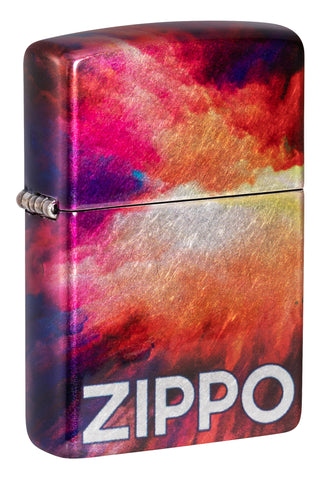 Front view of Zippo Tie Dye Design 540 Tumbled Chrome Windproof Lighter standing at a 3/4 angle.