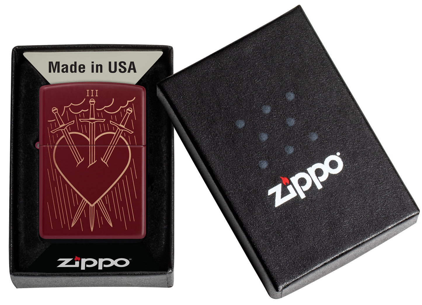 Zippo Three of Swords Design Merlot Windproof Lighter in its packaging.