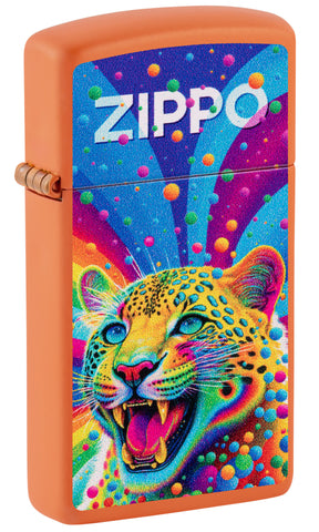 Front view of Zippo Leopard Design Slim Orange Matte Windproof Lighter standing at a 3/4 angle.