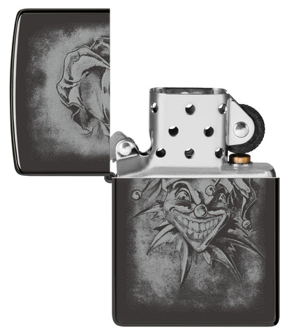 Zippo Clown High Polish Black Windproof Lighter with its lid open and unlit.