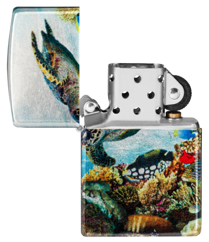 Zippo Deep Sea Design 540 Tumbled Chrome Windproof Lighter with its lid open and unlit.