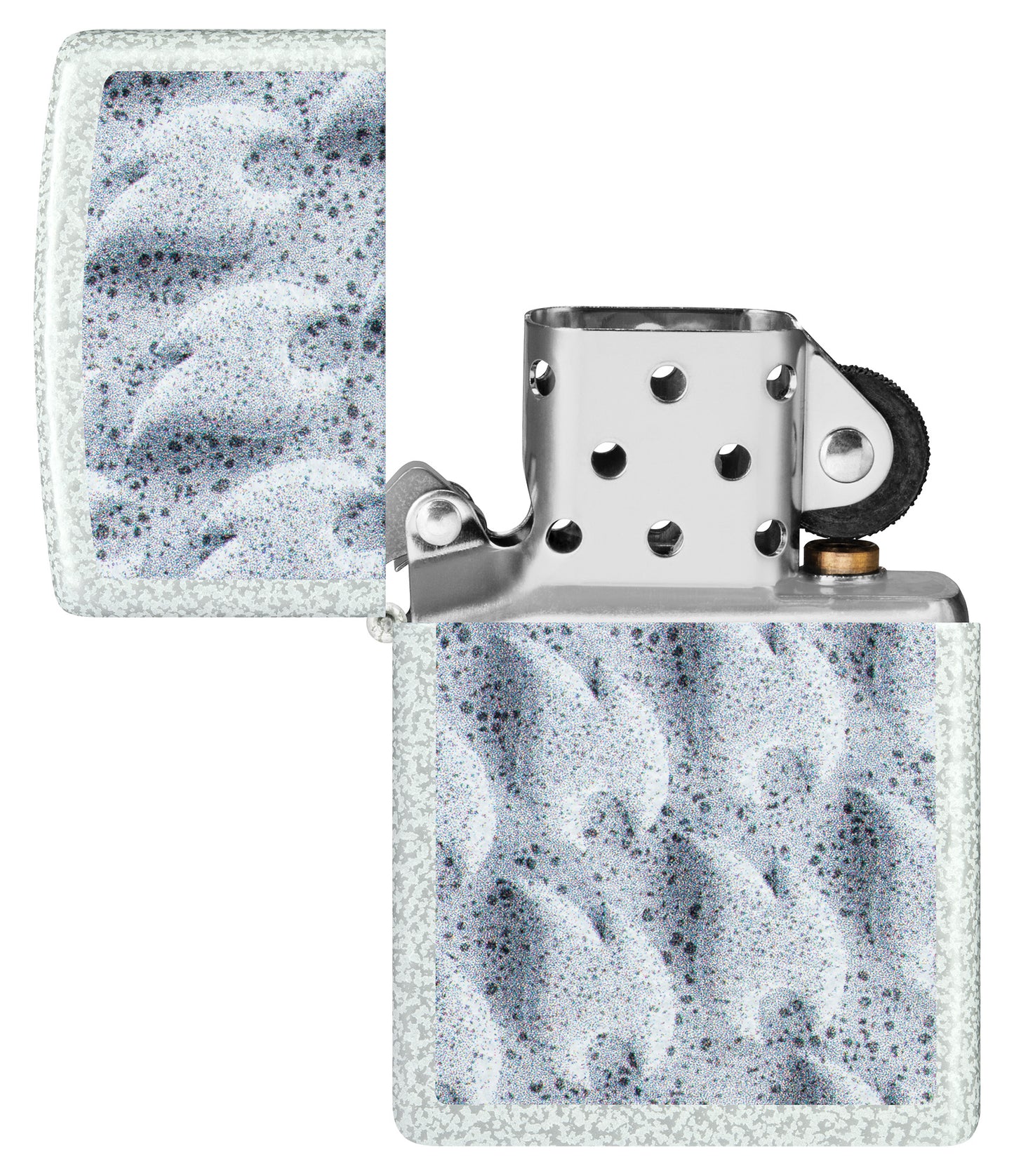 Zippo Frozen Flames Design Glacier Windproof Lighter with its lid open and unlit.