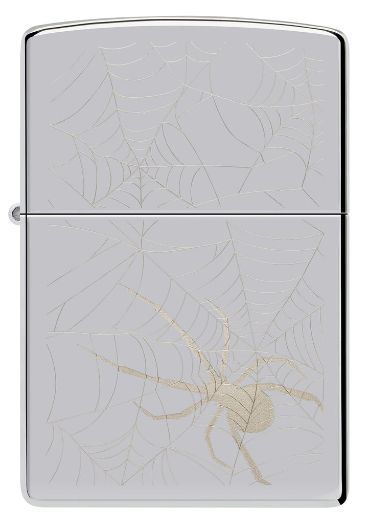 Front view of Zippo Spider Web Design High Polish Chrome Windproof Lighter.