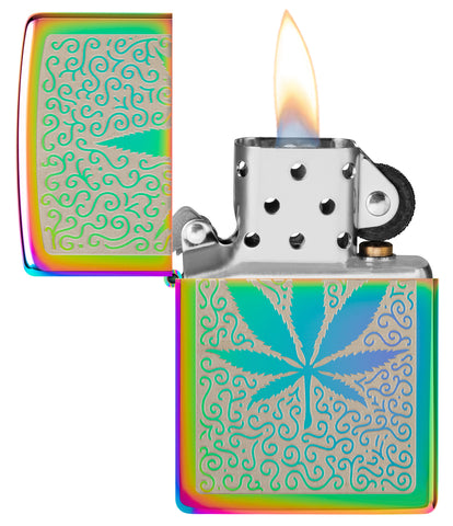 Zippo Cannabis Design Multi-Color Windproof Lighter with its lid open and lit.