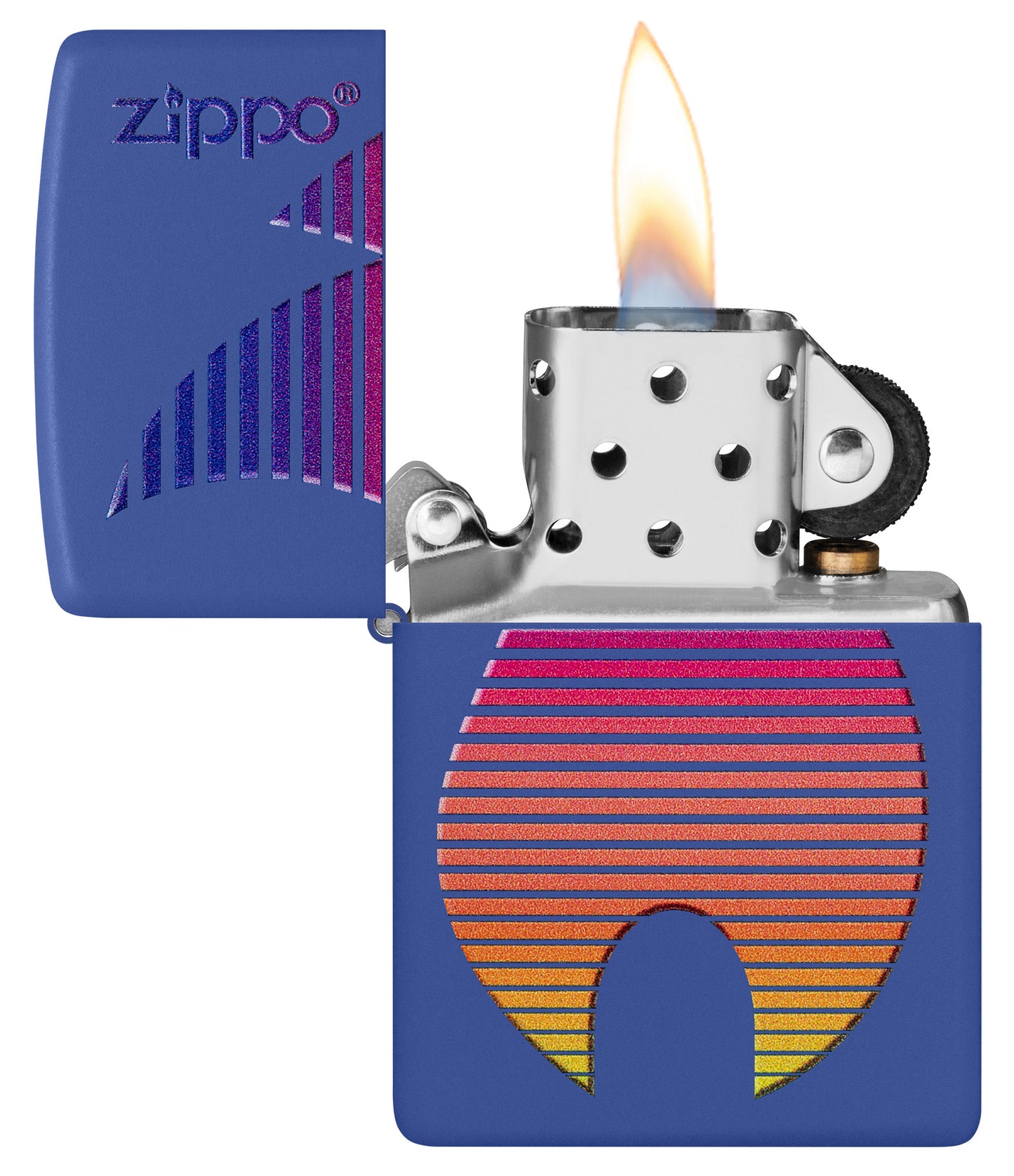 Zippo Design Royal Blue Matte Windproof Lighter with its lid open and lit.