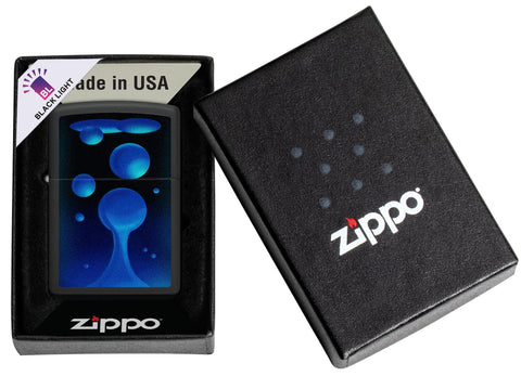 Zippo Black Light Lava Lamp Design Black Matte Windproof Lighter in its packaging.