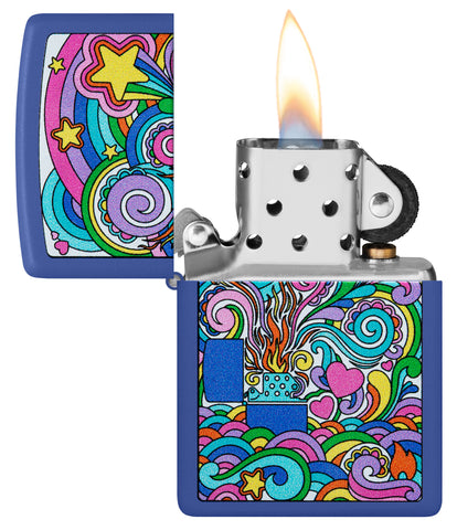 Zippo Abstract Design Royal Blue Matte Windproof Lighter with its lid open and lit.