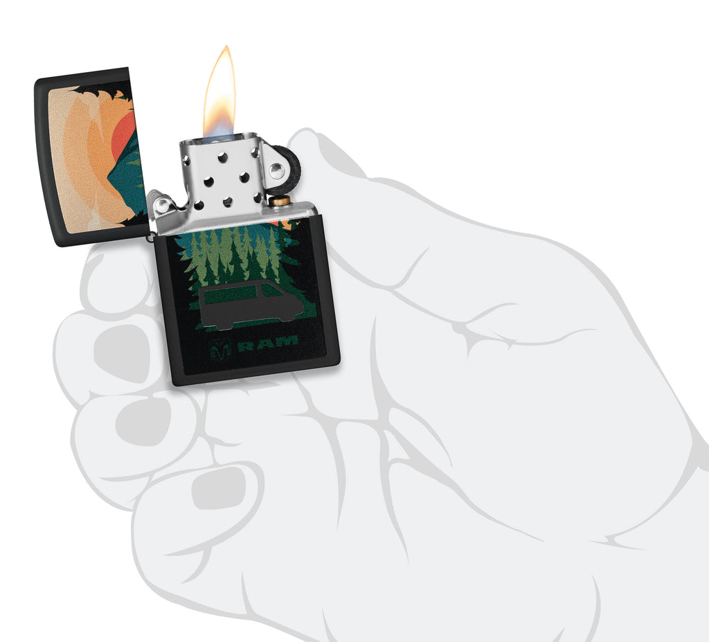 Zippo RAM Black Matte Windproof Lighter lit in hand.