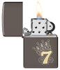 Zippo Lucky 7 Black Ice Windproof Lighter with its lid open and lit.