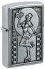 Front shot of Zippo Roller Waitress Emblem Brushed Chrome Windproof Lighter standing at a 3/4 angle.