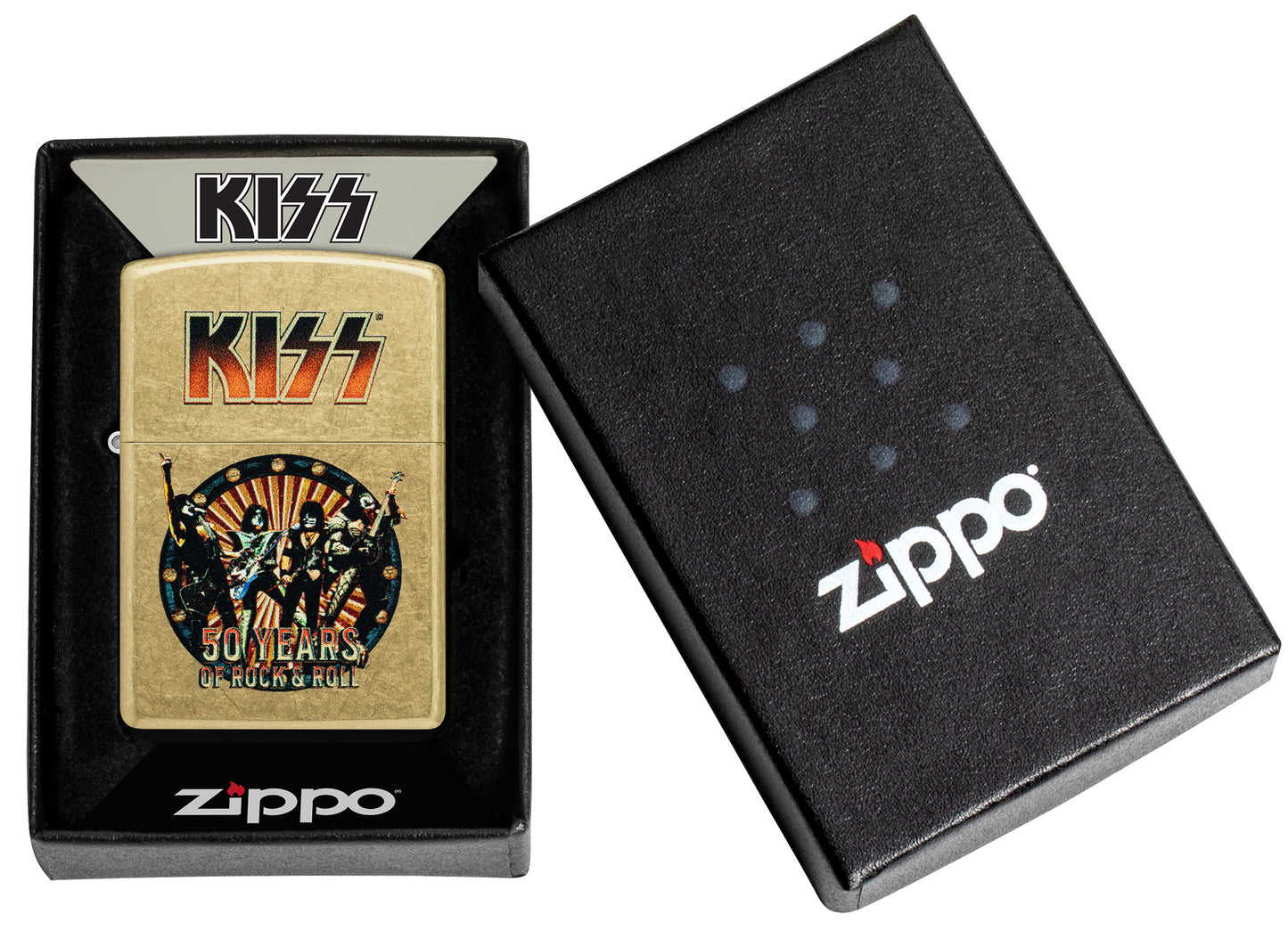 Zippo KISS® 50 Years Design Street Brass Windproof Lighter in its packaging.