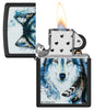 Zippo Lindsay Kivi Black Matte Windproof Lighter with its lid open and lit.