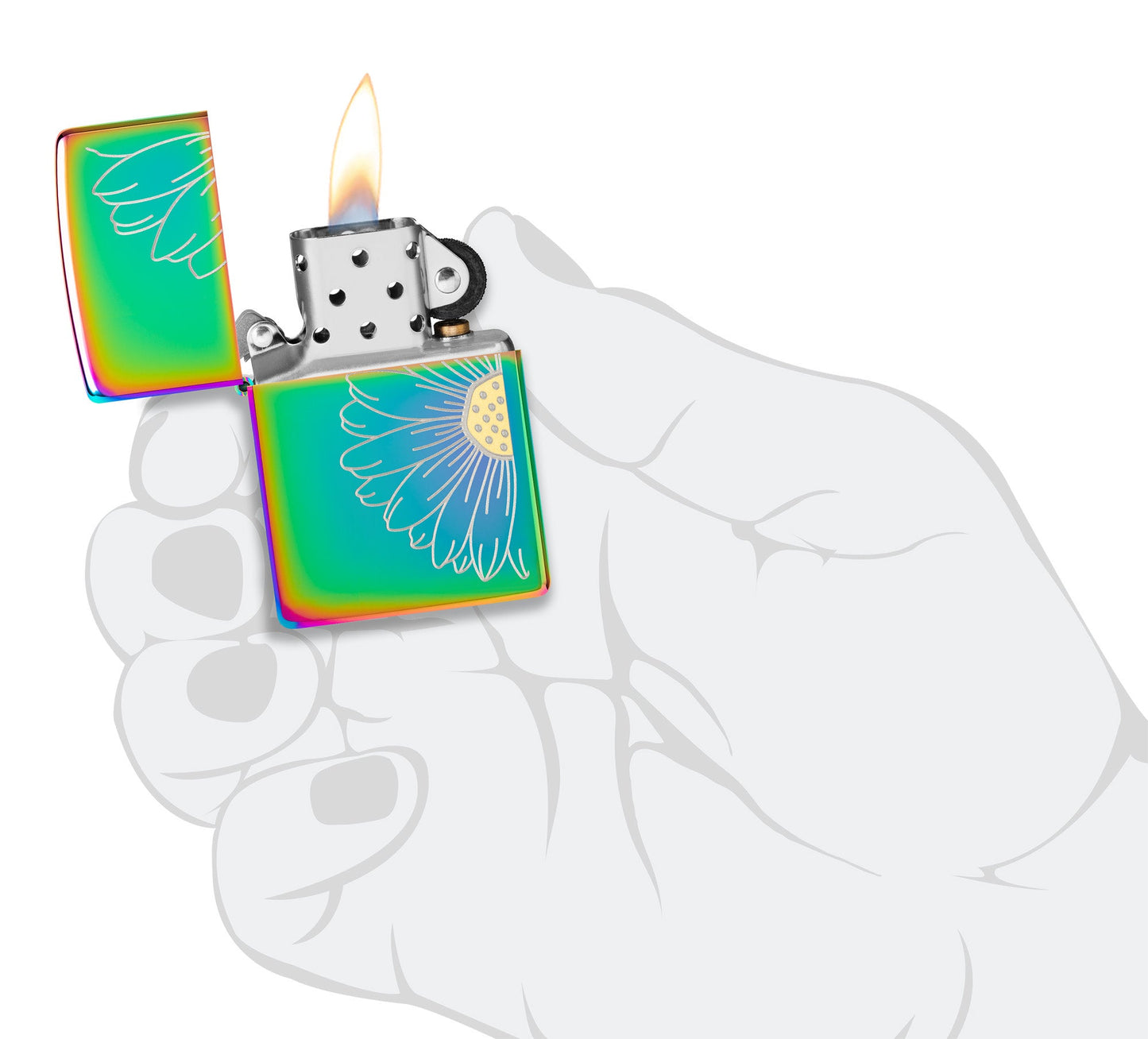 Zippo Daisy Design Multi Color Windproof Lighter lit in hand.