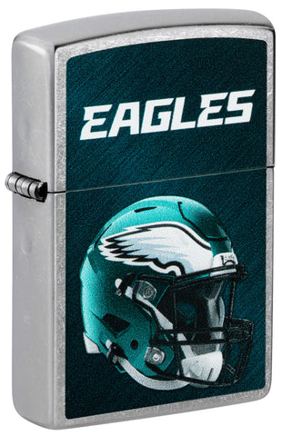 Front shot of NFL Philadelphia Eagles Helmet Street Chrome Windproof Lighter standing at a 3/4 angle.