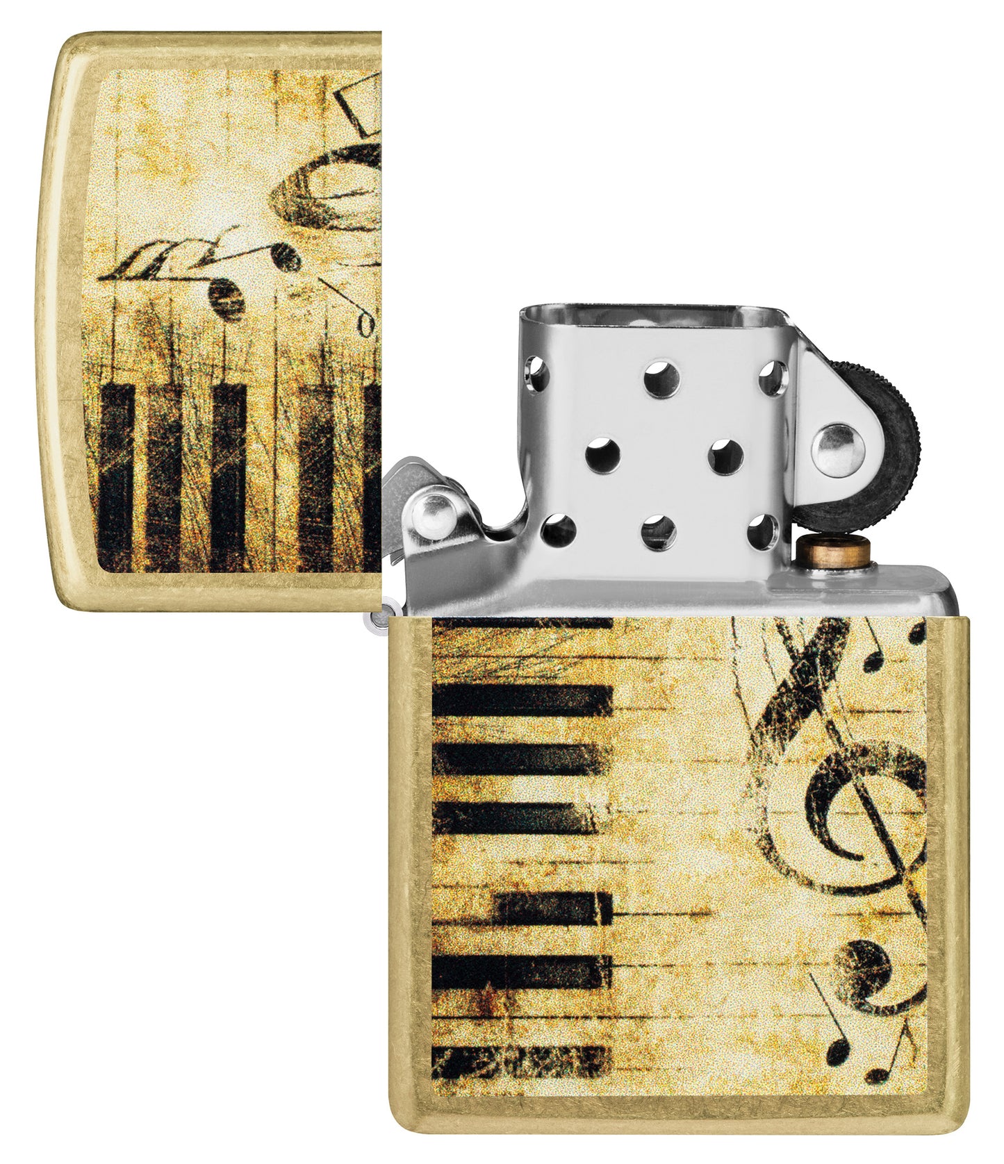 Zippo Nothing but Treble Design Street Brass Windproof Lighter with its lid open and unlit.