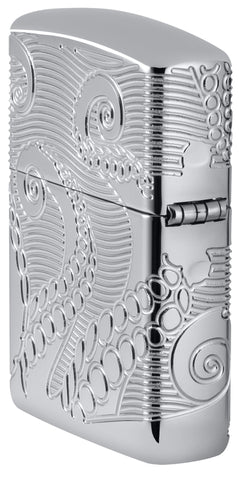Angled shot of Zippo Tentacles Design Armor® High Polish Chrome Windproof Lighter showing the back and hinge side of the lighter.