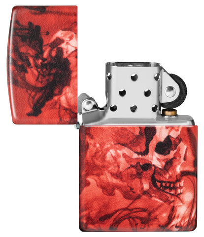 Zippo Spooky Skulls 540 Matte Windproof Lighter with its lid open and unlit.