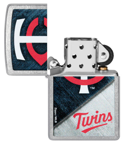 MLB® Minnesota Twins™ Street Chrome™ Windproof Lighter with its lid open and unlit.