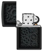 Zippo Steampunk Design Black Matte Windproof Lighter with its lid open and unlit.