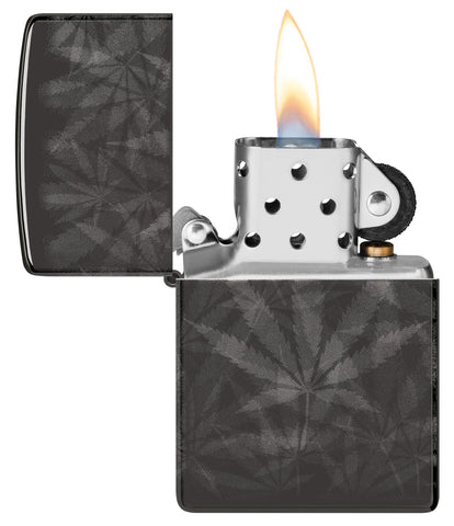 Zippo Cannabis Design High Polish Black Windproof Lighter with its lid open and lit.