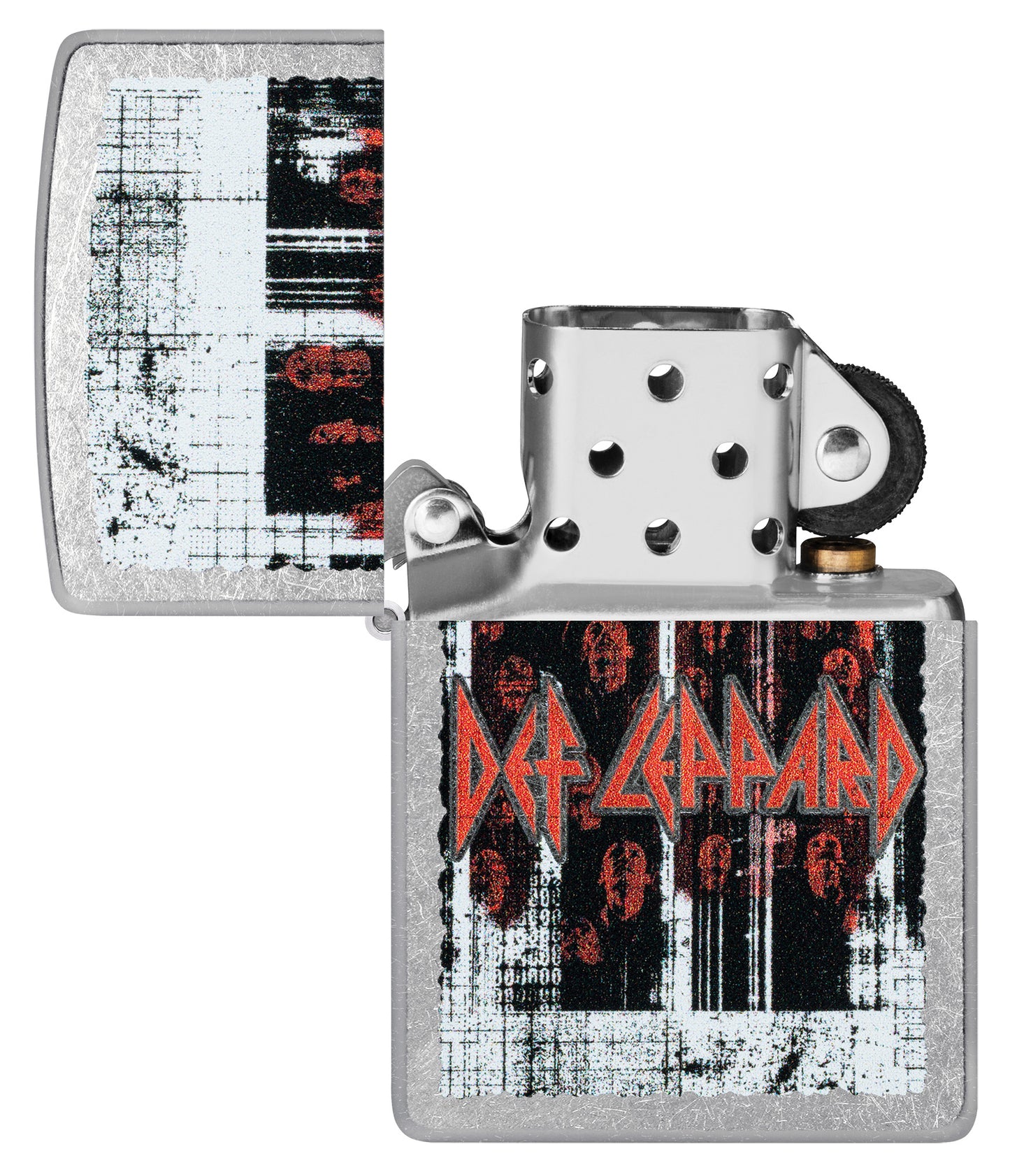 Zippo Def Leppard Logo Design Street Chrome Windproof Lighter with its lid open and unlit.
