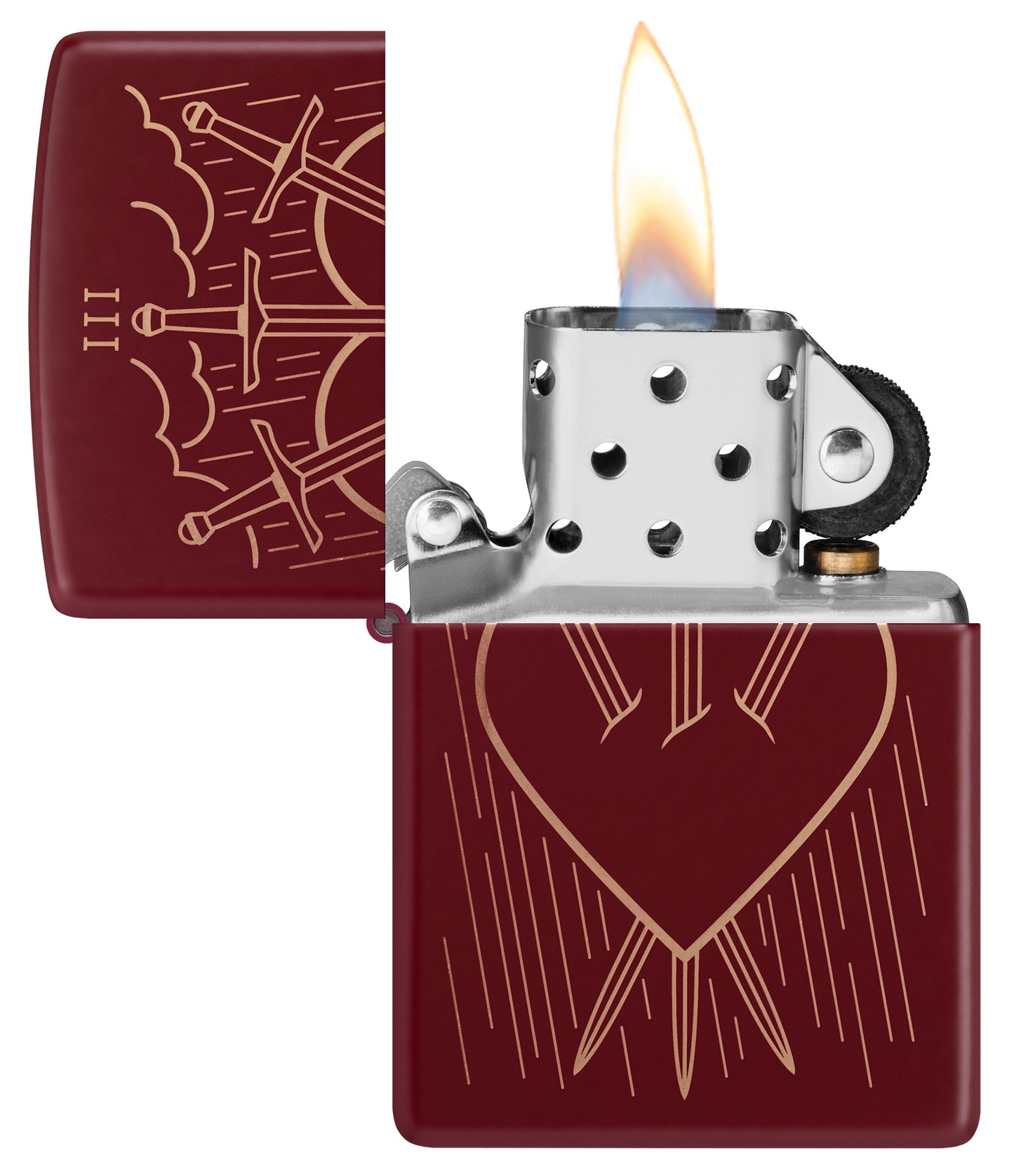 Zippo Three of Swords Design Merlot Windproof Lighter with its lid open and lit.