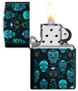 Zippo Sugar Skulls Design Glow in the Dark Matte Windproof Lighter with its lid open and lit.