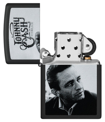Zippo Johnny Cash Black Matte Windproof Lighter with its lid open and unlit.