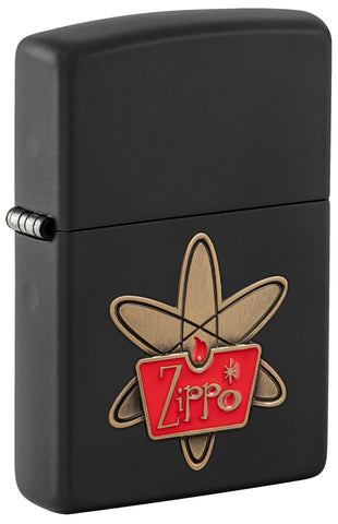 Front shot of Zippo Atomic Zippo Design Black Matte Windproof Lighter standing at a 3/4 angle.