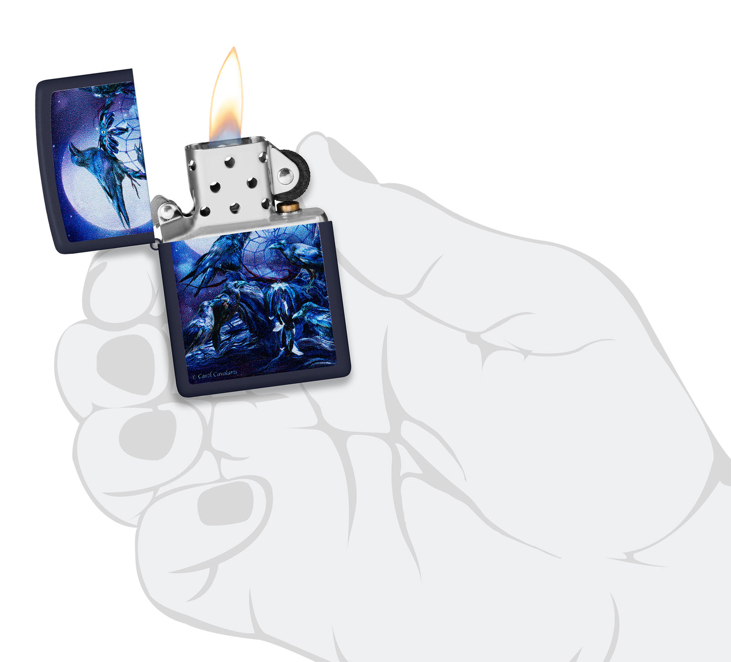 Zippo Carol Cavalaris Raven dreams Design Navy Matte Windproof Lighter lit in hand.