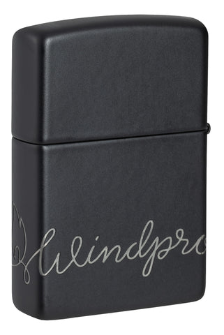 Back view of Zippo Design Black Matte with Chrome Windproof Lighter standing at a 3/4 angle.