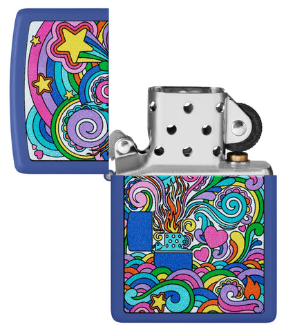 Zippo Abstract Design Royal Blue Matte Windproof Lighter with its lid open and unlit.